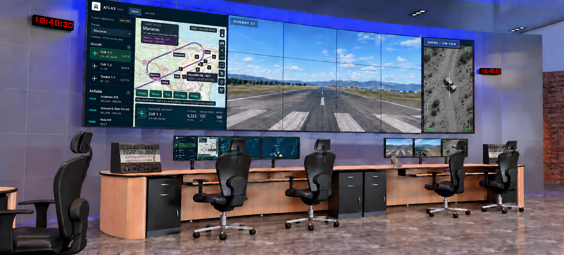 Proposed control room with ATLAS Map, forward and side projection mirrors, and a simulated drone target view